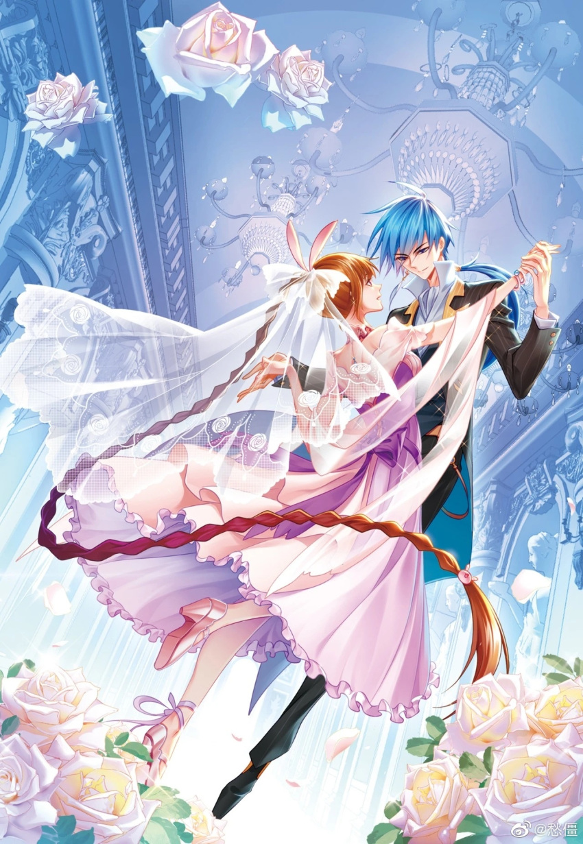 1boy 1girl blue_hair braid braided_ponytail brown_hair chandelier collar cover douluo_dalu dress floating flower formal highres holding_hands indoors long_sleeves mu_fengchun official_art ponytail purple_dress suit tang_san third-party_source xiao_wu_(douluo_dalu)