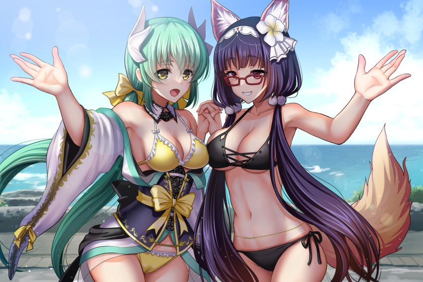 2girls :d animal_ears aqua_hair armpits bangs beach bikini black_bikini black_hair blue_sky blush bow breasts brown_eyes cleavage cowboy_shot day dragon_girl dragon_horns fate/grand_order fate_(series) flower fox_ears fox_girl fox_tail frilled_bikini frills glasses hair_bow hair_flower hair_ornament hairband highres horns interlocked_fingers kiyohime_(fate) kiyohime_(swimsuit_lancer)_(fate) kiyohime_(swimsuit_lancer)_(first_ascension)_(fate) large_breasts long_hair looking_at_viewer low_twintails multiple_girls multiple_horns open_mouth osakabe-hime_(fate) outdoors pom_pom_(cheerleading) red-framed_eyewear revision sky smile swimsuit tail twintails very_long_hair wide_sleeves yellow_bikini yellow_bow yellow_eyes youshuu