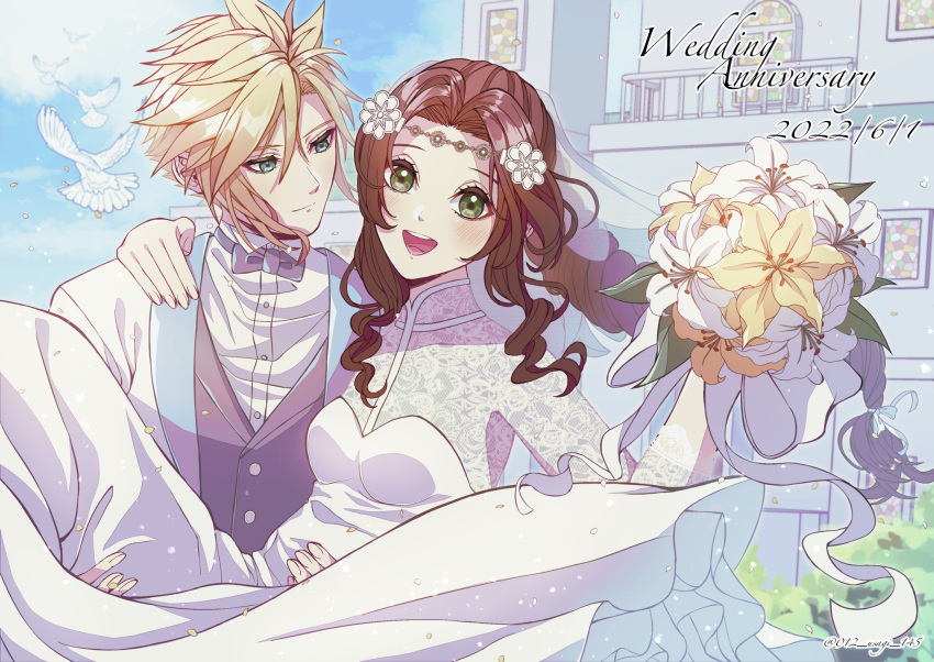 012_usagi 1boy 1girl aerith_gainsborough aqua_eyes arm_around_shoulder balcony bangs bird blonde_hair blush bouquet bow bowtie braid braided_ponytail breasts brown_hair building carrying cloud_strife couple dove dress final_fantasy final_fantasy_vii final_fantasy_vii_remake flower formal green_eyes grey_vest hair_between_eyes hair_flower hair_ornament happy head_chain highres holding holding_bouquet jacket lace_sleeves long_dress long_hair looking_at_another looking_at_viewer medium_breasts official_alternate_costume open_mouth parted_bangs princess_carry shirt short_hair sidelocks sky smile spiked_hair suit teeth tuxedo upper_teeth vest waistcoat wedding wedding_dress white_dress white_flower white_jacket white_shirt white_suit yellow_flower