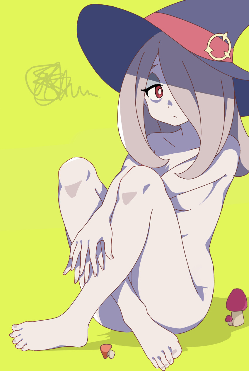 1girl absurdres barefoot completely_nude crossed_ankles full_body grey_hair hair_over_one_eye hat highres knees_up little_witch_academia long_hair mushroom nanami_kazuki nude pale_skin red_eyes sitting solo sucy_manbavaran v_arms witch_hat