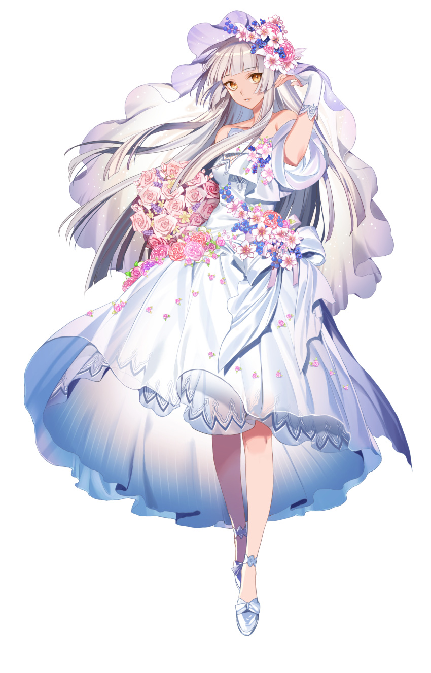 1girl absurdres artist_request bad_source bangs black_survival bouquet closed_mouth dress flower hand_up highres long_hair looking_at_viewer minami_rio official_alternate_costume official_art see-through simple_background solo transparent_background veil wedding_dress white_hair yellow_eyes