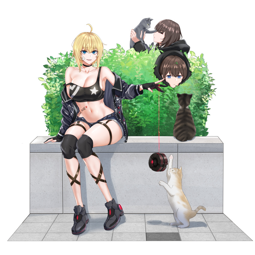 1boy 2girls absurdres ahoge amy_strickland bandaid bandaid_on_face bare_shoulders blonde_hair blue_eyes breasts brown_hair bush cat cleavage counter:side highres large_breasts lee_jisoo looking_at_viewer mmm_(ji1945) multiple_girls na_yubin navel official_art sitting stomach_tattoo strap_slip tattoo transparent_background yo-yo