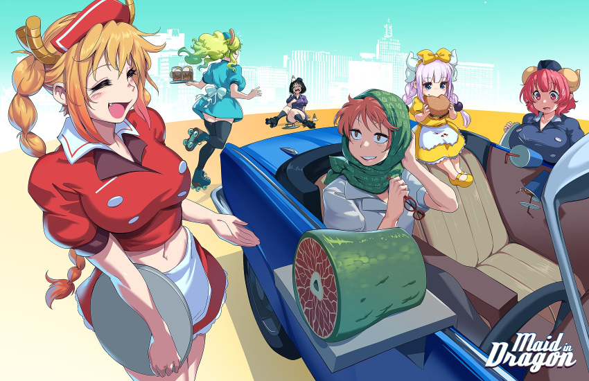 6+girls ^_^ ^o^ apron bangs black_hair black_kneehighs black_thighhighs blonde_hair blue_dress blue_eyes blue_headwear blue_jacket blunt_bangs bow bow_hairband braid breasts brown_eyes burger car closed_eyes collared_jacket collared_shirt copyright_name cropped_jacket cup dragon_horns dragon_tail_steak dress drinking_glass drinking_straw eating elma_(maidragon) eyewear_removed fallen_down fang food food_on_head frilled_dress frilled_skirt frills from_above garrison_cap glasses green_hair green_headwear grey_shirt ground_vehicle hairband hat head_scarf headdress highres holding holding_eyewear holding_food holding_tray horns ilulu_(maidragon) jacket kanna_kamui kneehighs kobayashi-san_chi_no_maidragon kobayashi_(maidragon) large_breasts leg_up long_hair looking_at_another lucoa_(maidragon) mary_janes motor_vehicle multiple_girls navel notice_lines object_on_head open_mouth outdoors pink_eyes pink_hair pointy_ears puffy_short_sleeves puffy_sleeves red-framed_eyewear red_hair red_jacket red_skirt roller_skates shirt shoes short_hair short_sleeves sitting skates skirt smile spilling standing sweatdrop thighhighs tohru_(maidragon) tray twin_braids voodoothur waist_apron waist_bow waitress white_apron yellow_dress yellow_footwear yellow_hairband