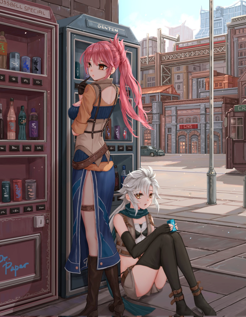 2girls building can car denim denim_jacket denim_shorts drink eiyuu_densetsu fie_claussell ground_vehicle highres holding holding_can jacket lamppost long_hair looking_at_viewer motor_vehicle multiple_girls navel on_ground outdoors pink_hair road sara_valestein scarf sen_no_kiseki sen_no_kiseki_iii shorts sitting skyscraper street thighhighs vending_machine white_hair yellow_eyes yuzuriha