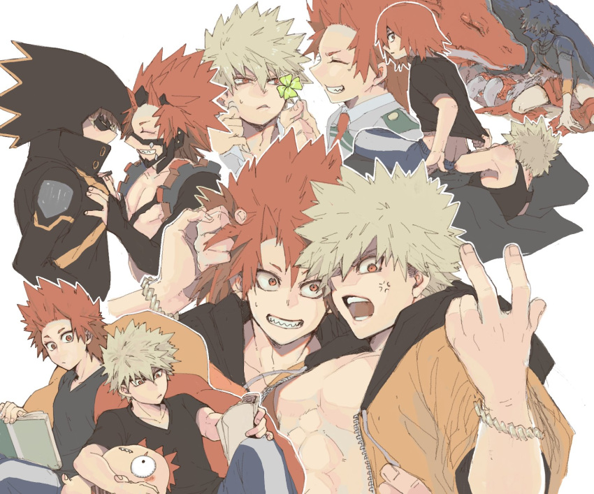 2boys anger_vein bakugou_katsuki black_shirt blonde_hair boku_no_hero_academia bracelet butt_crack closed_eyes clover dragon four-leaf_clover grabbing_another's_hair grin hand_in_another's_hair higa_drug highres hood hood_up jacket jewelry kirishima_eijirou looking_at_another male_focus multiple_boys multiple_views open_clothes open_jacket open_mouth outline reading red_eyes red_hair school_uniform sharp_teeth shirt shirt_grab sitting smile spiked_hair teeth toned toned_male u.a._school_uniform v white_background white_outline yaoi yellow_jacket zipper