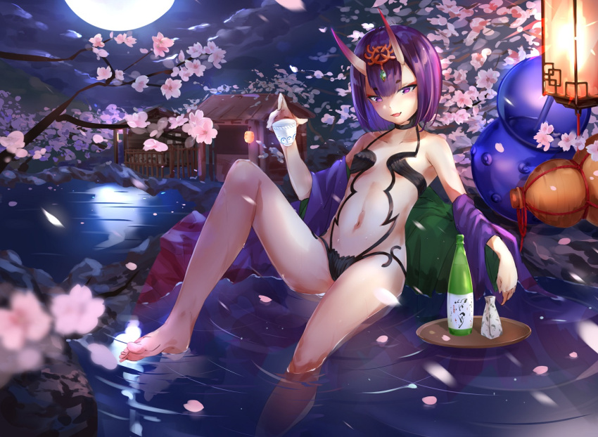 1girl alcohol bangs bare_legs bare_shoulders barefoot bob_cut breasts cherry_blossoms cup eyeliner faicha fang fate/grand_order fate_(series) feet green_kimono grin headpiece holding holding_cup horns japanese_clothes kimono knee_up lantern looking_at_viewer makeup midriff moon multicolored_clothes multicolored_kimono navel night night_sky oni oni_horns onsen open_clothes open_kimono open_mouth petals plate purple_eyes purple_hair purple_kimono reclining revealing_clothes rock sake short_hair shuten_douji_(fate) skin-covered_horns skin_fang sky small_breasts smile solo spread_legs stomach teeth toes tokkuri tree water