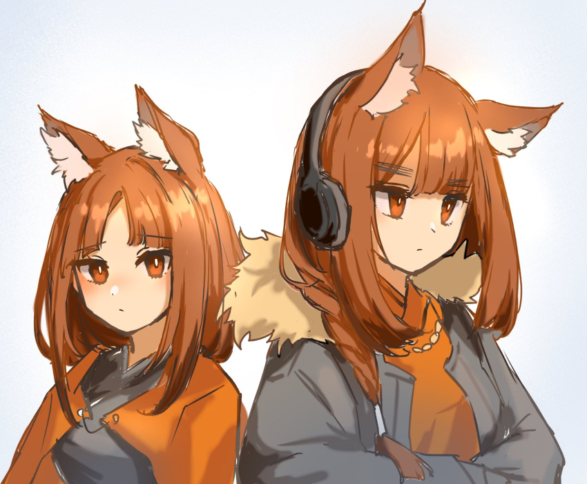 2girls animal_ears arknights black_jacket black_shirt brown_eyes brown_hair cape crossed_arms fur-trimmed_jacket fur_trim headphones highres implied_extra_ears jacket jewelry joul_0704 looking_at_viewer multiple_girls necklace one-hour_drawing_challenge orange_cape orange_shirt ratatos_browntail_(arknights) sciurus_browntail_(arknights) shirt siblings simple_background sisters sketch squirrel_ears squirrel_girl upper_body white_background