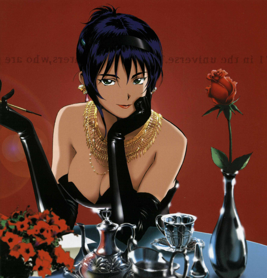 1girl absurdres bare_shoulders breasts cleavage cowboy_bebop cup dress earrings elbow_gloves elbows_on_table faye_valentine flower gloves highres jewelry kawamoto_toshihiro lipstick makeup necklace non-web_source red_background red_flower rose smile smoking_pipe table tagme teapot vase