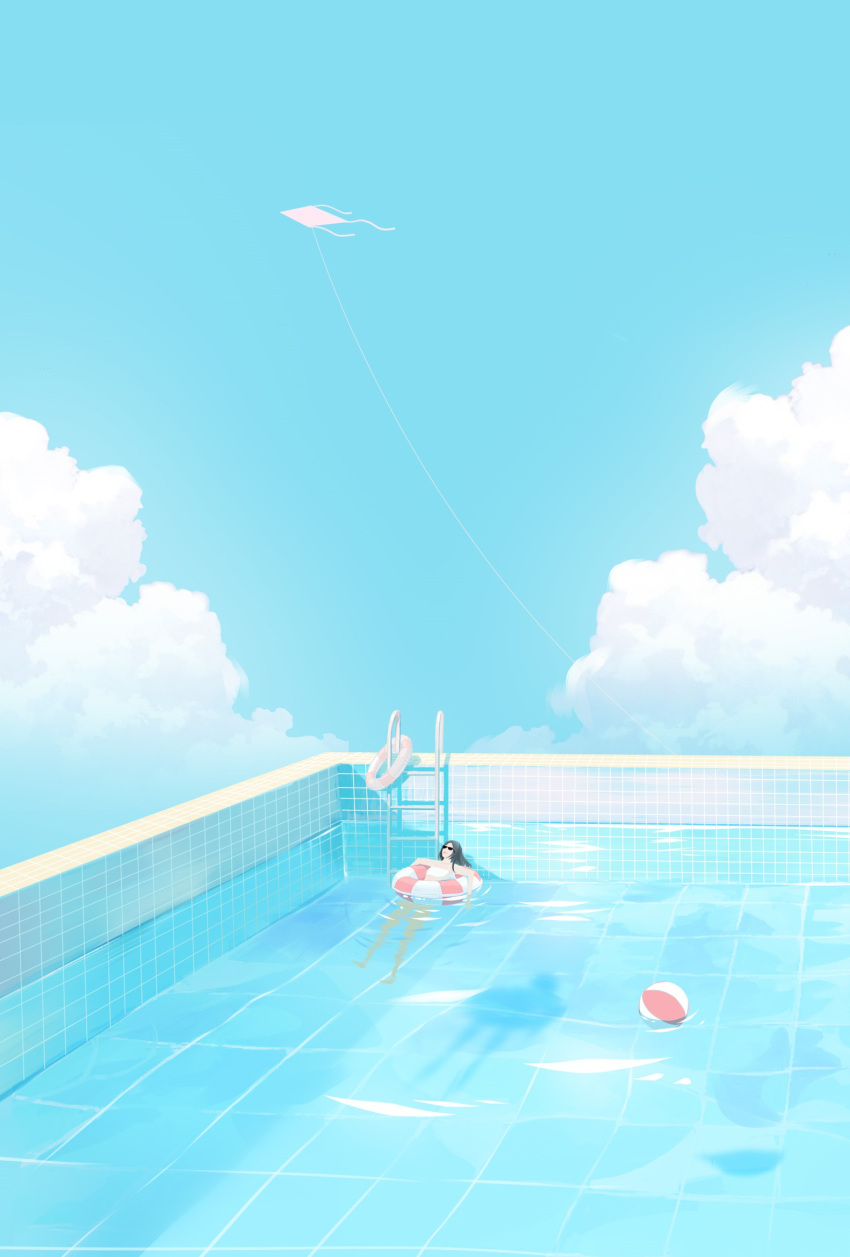 1girl ball beachball black_hair blue_sky closed_mouth cloud commentary_request highres innertube kite ladder long_hair mige_shijiu original partially_submerged pool scenery shadow sky smile solo sunglasses water