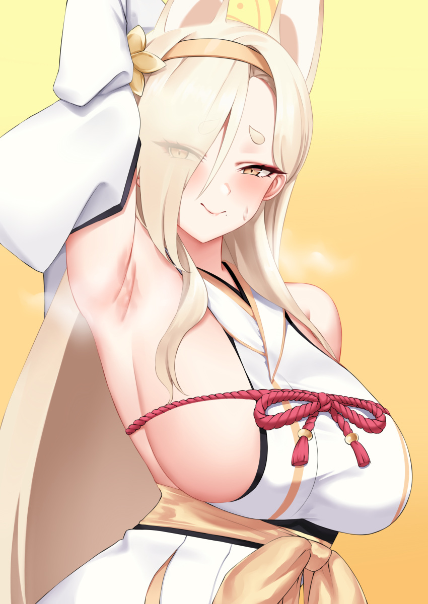 1girl absurdres animal_ears arm_behind_head arm_up armpits bangs blonde_hair blue_archive blush breasts crimecrime detached_sleeves fox_ears halo highres japanese_clothes kaho_(blue_archive) kimono large_breasts long_hair rope sash sideboob sleeveless sleeveless_kimono smile solo white_kimono wide_sleeves yellow_background yellow_eyes