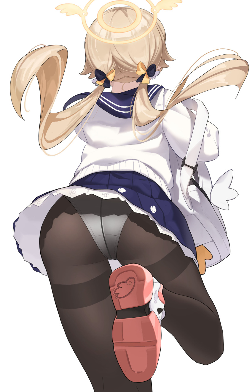 1girl absurdres ass black_bow black_legwear blonde_hair blue_archive blue_sailor_collar blue_skirt bow carrying_bag clothes_lift commentary_request facing_away from_behind hair_bow halo hifumi_(blue_archive) highres miniskirt multicolored_bow panties panties_under_pantyhose pantyhose sailor_collar school_uniform serafuku shoes skirt skirt_lift solo standing standing_on_one_leg sweater tomid twintails underwear white_bag white_footwear white_panties white_sweater yellow_bow
