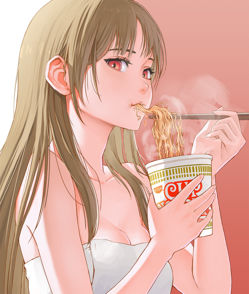 1girl bangs bare_shoulders breasts brown_background brown_hair chopsticks cleavage closed_mouth collarbone commentary cup cup_noodle disposable_cup eating english_commentary eyebrows_behind_hair food hands_up highres holding holding_chopsticks holding_cup jchoy long_hair looking_at_viewer medium_breasts naked_towel noodles original red_eyes solo steam towel upper_body very_long_hair white_background