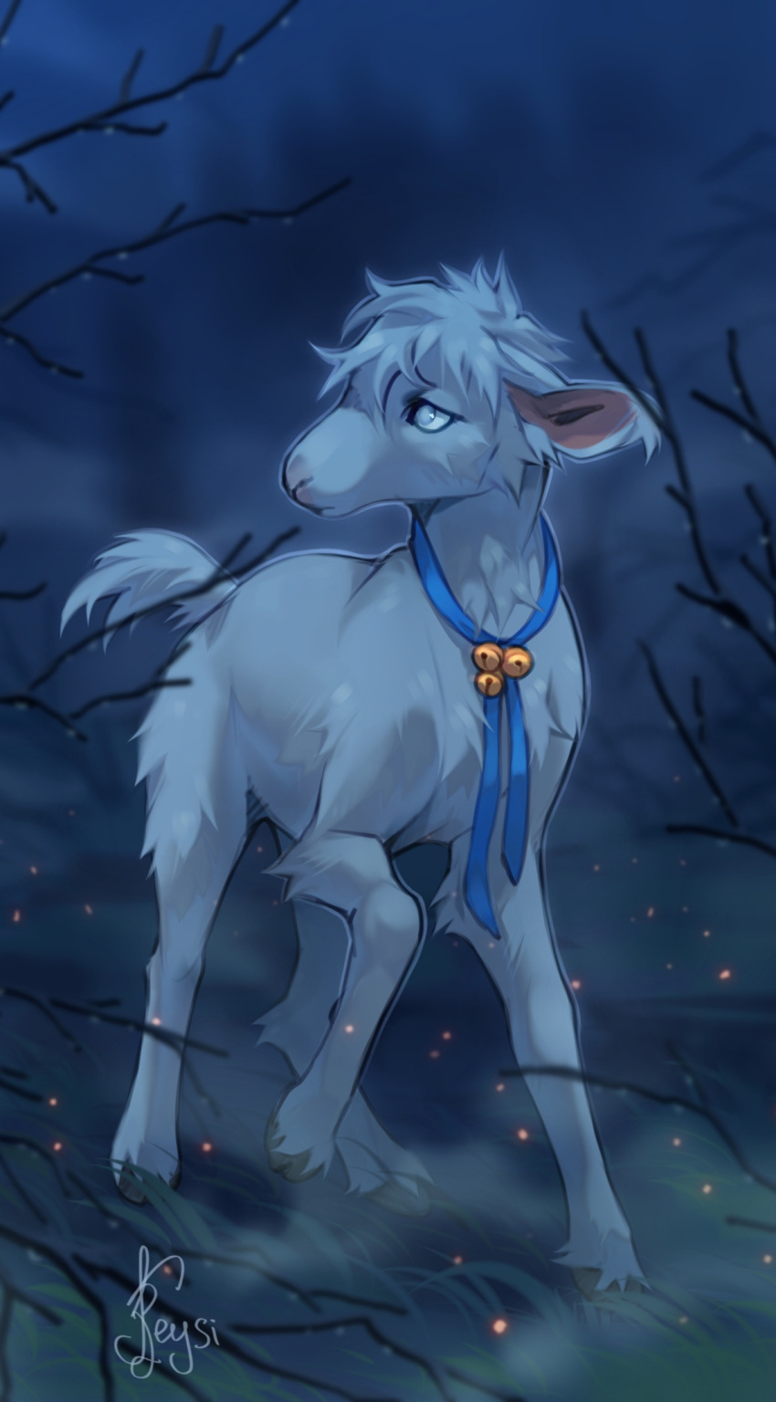 2022 ambiguous_gender blue_eyes bovid caprine detailed_background digital_media_(artwork) feral fur goat hi_res hooves mammal night outside reysi solo white_body white_fur