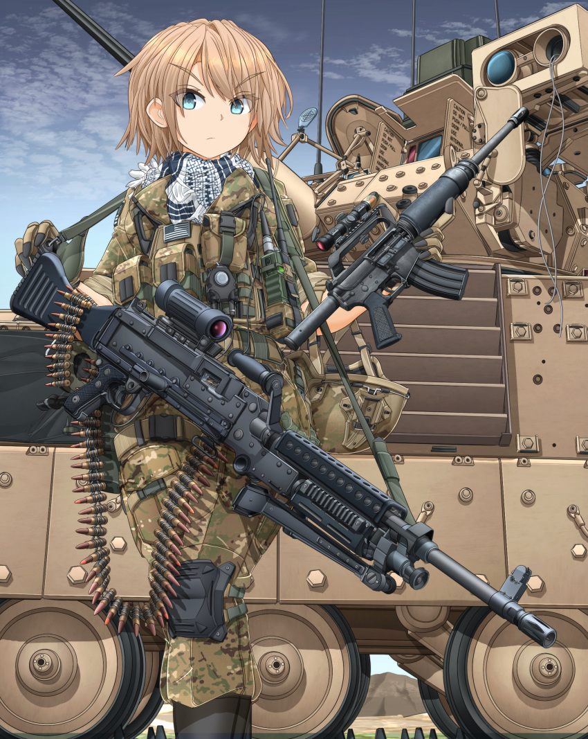 1girl absurdres american_flag ammunition_belt assault_rifle bangs black_footwear blonde_hair blue_eyes blue_sky body_armor boots brown_bandana brown_gloves brown_jacket brown_pants camouflage camouflage_jacket camouflage_pants closed_mouth combat_boots commentary_request day english_commentary english_text frown gloves ground_vehicle gun harness highres holding holding_gun holding_weapon jacket knee_pads m240 m2_bradley m4_carbine machine_gun mikeran_(mikelan) military military_uniform military_vehicle mixed-language_commentary motor_vehicle mountainous_horizon original outdoors pants rifle scope short_hair short_sleeves sky sleeves_rolled_up solo tank thigh_strap uniform walkie-talkie weapon