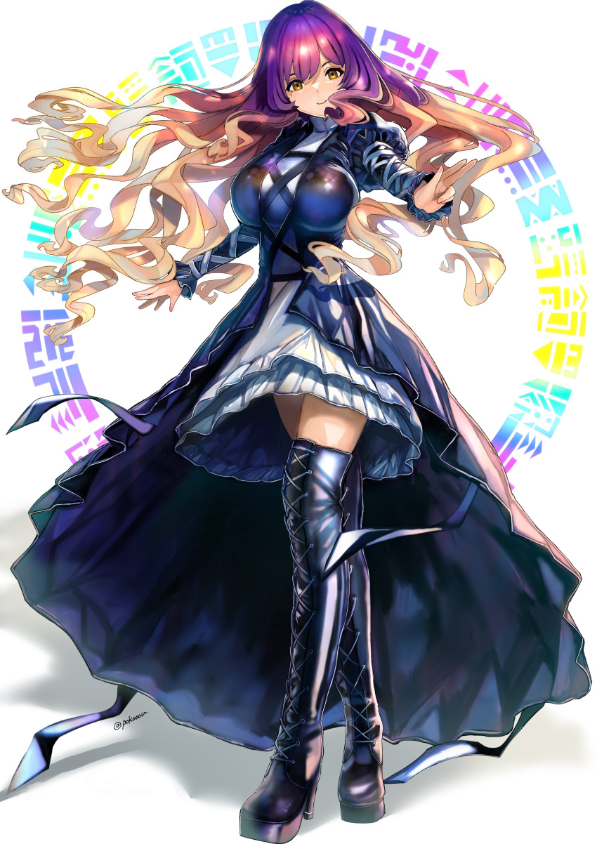 1girl absurdres banned_artist black_dress black_footwear blonde_hair boots breasts closed_mouth commentary_request dress frilled_dress frills full_body gradient_hair head_tilt high_heel_boots high_heels highres hijiri_byakuren juliet_sleeves large_breasts layered_dress long_hair long_sleeves looking_at_viewer multicolored_hair orange_eyes poko_(mammypoko) puffy_sleeves purple_hair smile solo thigh_boots touhou two-tone_hair white_dress