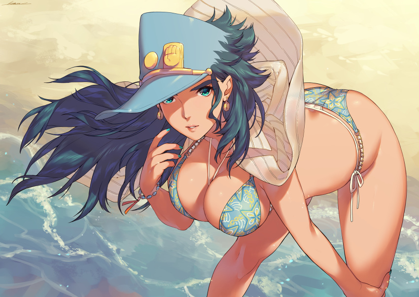 aqua_eyes bikini breasts cleavage earrings genderswap genderswap_(mtf) hat highres jewelry jojo_no_kimyou_na_bouken kotatsu_(g-rough) kujo_jotaro large_breasts long_hair parted_lips sand shochuumimai standing swimsuit water