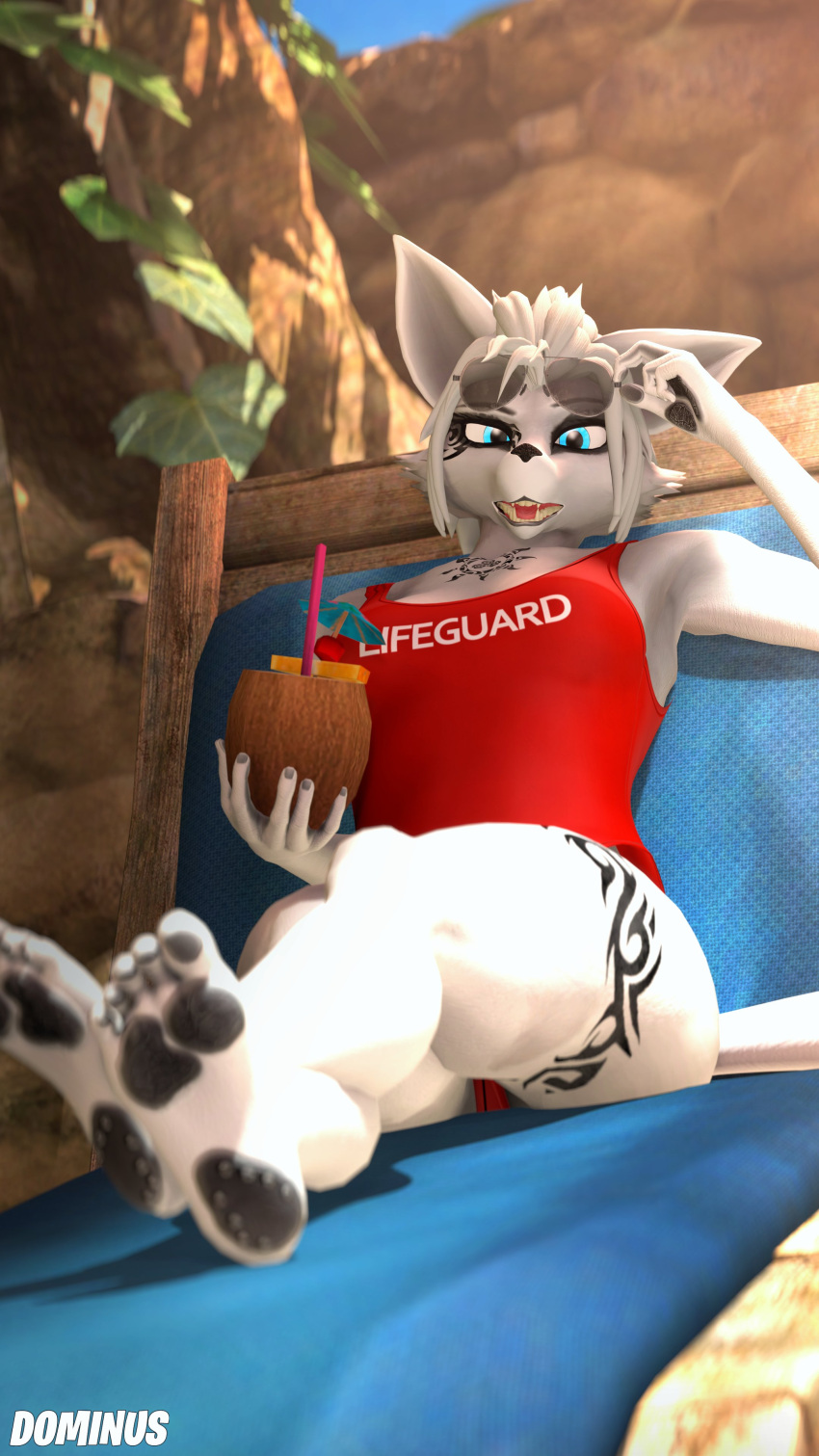 2022 absurd_res anthro aviator_glasses beverage black_pawpads canid canine cheek_tuft chest_tattoo coconut coconut_drink crossed_legs dominussfm drink_umbrella drinking_straw drupe_(fruit) eyewear facial_tuft female food fox fruit fur hair hi_res leg_tattoo lifeguard lifeguard_swimsuit looking_at_viewer mammal max_(dominussfm) open_mouth outside pawpads plant reclining solo sunglasses tattoo tuft white_body white_fur white_hair