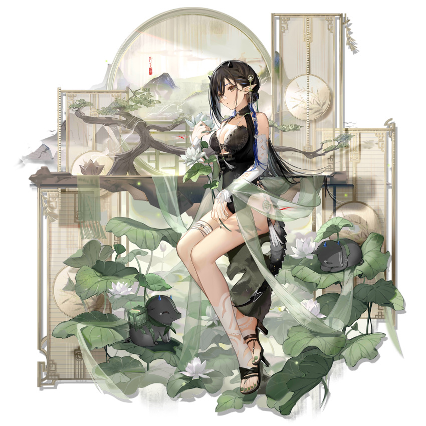 1girl animal arknights black_footwear black_hair black_swimsuit blacknight_(arknights) blacknight_(summer_flowers)_(arknights) blue_hair bonsai braid breasts casual_one-piece_swimsuit cleavage copyright_name detached_sleeves flower game_cg green_nails grey_background hand_up high_heels highres horns leaf lotus medium_breasts multicolored_hair nail_polish non-web_source one-piece_swimsuit plant pointy_ears simple_background sitting solo sprite streaked_hair swimsuit thigh_strap toenail_polish toenails tomato_omurice_melon transparent_background white_flower white_sleeves yellow_eyes