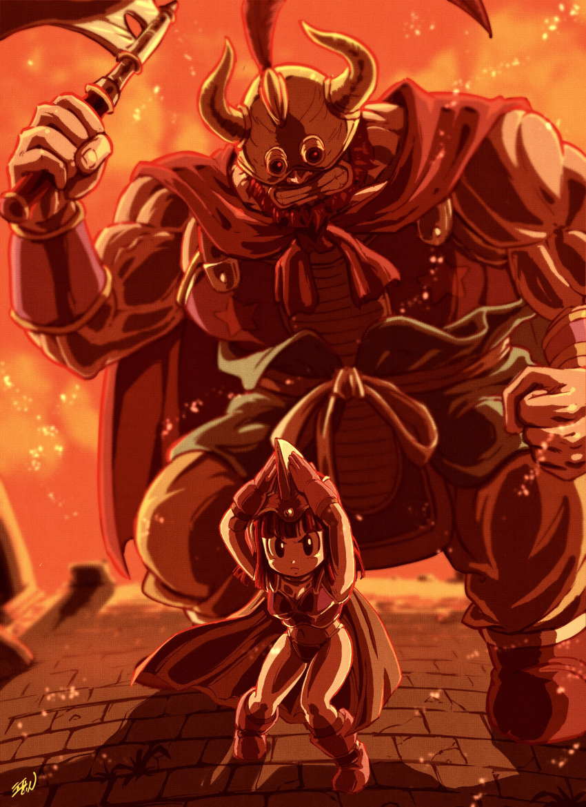 1boy 1girl absurdres beard boots cape chi-chi_(dragon_ball) clenched_teeth closed_mouth dragon_ball dragon_ball_(classic) facial_hair fake_horns father_and_daughter fire full_body gloves gyuu_mao helmet highres holding holding_weapon horned_helmet horns liedein long_hair muscular muscular_male size_difference standing teeth v-shaped_eyebrows weapon