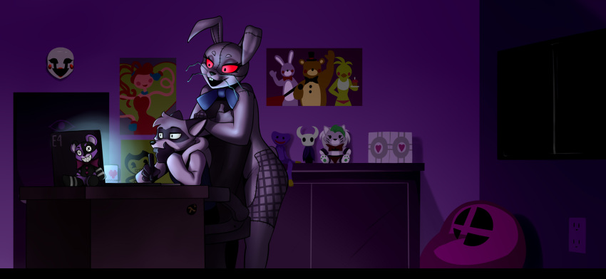 19.5:9 avian banner bean_bag bendy_and_the_ink_machine bendy_the_dancing_demon bird bow_tie buckteeth canid canine canis chicken clothing computer costume dark duo e4hargus eyelashes female five_nights_at_freddy's five_nights_at_freddy's:_security_breach five_nights_at_freddy's_2 fur galliform gallus_(genus) grey_body grey_fur head_tuft hi_res hollow_knight hoodie huggy_wuggy lagomorph leaning leaning_forward leporid male mammal mask mommy_long_legs mug patch_(fabric) phasianid plushie poppy_playtime portal_(series) poster procyonid protagonist_(hollow_knight) puppet_(fnaf) rabbit raccoon rakoon_g red_eyes red_sclera roxanne_wolf_(fnaf) scottgames seam_(sewing) smile stitch_(sewing) team_cherry teeth thinking topwear toy_bonnie_(fnaf) toy_chica_(fnaf) toy_freddy_(fnaf) tuft ursid valve vanny_(fnaf) video_games weighted_companion_cube whiskers wolf