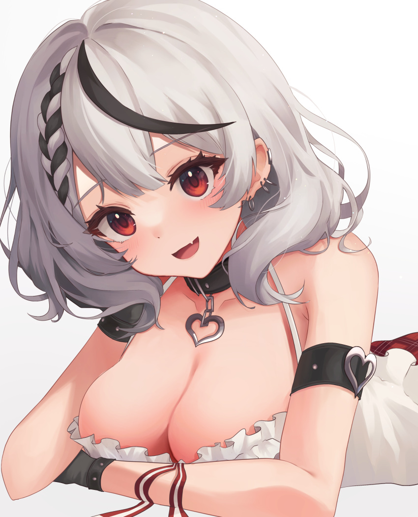 1girl absurdres arm_strap arm_support asymmetrical_hair black_collar black_gloves black_hair blush braid breasts camisole cleavage collar commentary ear_piercing eyebrows_behind_hair eyelashes fang french_braid frilled_camisole frills gloves gradient gradient_background grey_background grey_hair head_rest heart_collar highres hololive looking_at_viewer lying medium_breasts medium_hair multicolored_hair on_stomach open_mouth piercing plaid plaid_skirt red_eyes red_skirt sakamata_chloe simple_background single_braid sinonomemikann skirt sleeveless smile solo streaked_hair two-tone_hair upper_body virtual_youtuber white_background white_camisole