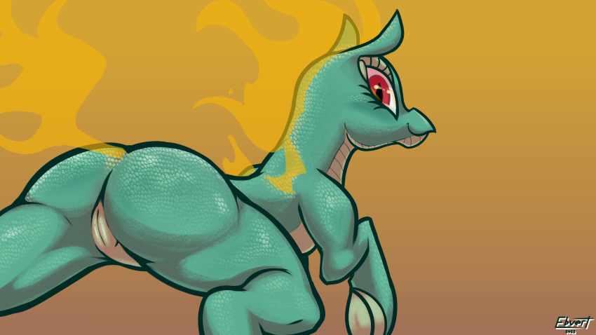2022 butt detailed detailed_scales dragon ebvert equid equine female feral fire genitals gradient_background green_body green_scales hi_res hooves horse hybrid longma looking_at_viewer looking_back looking_back_at_viewer mammal pseudo_hair pseudo_mane pussy raised_hoof red_eyes scales signature simple_background solo them's_fightin'_herds tianhuo_(tfh)