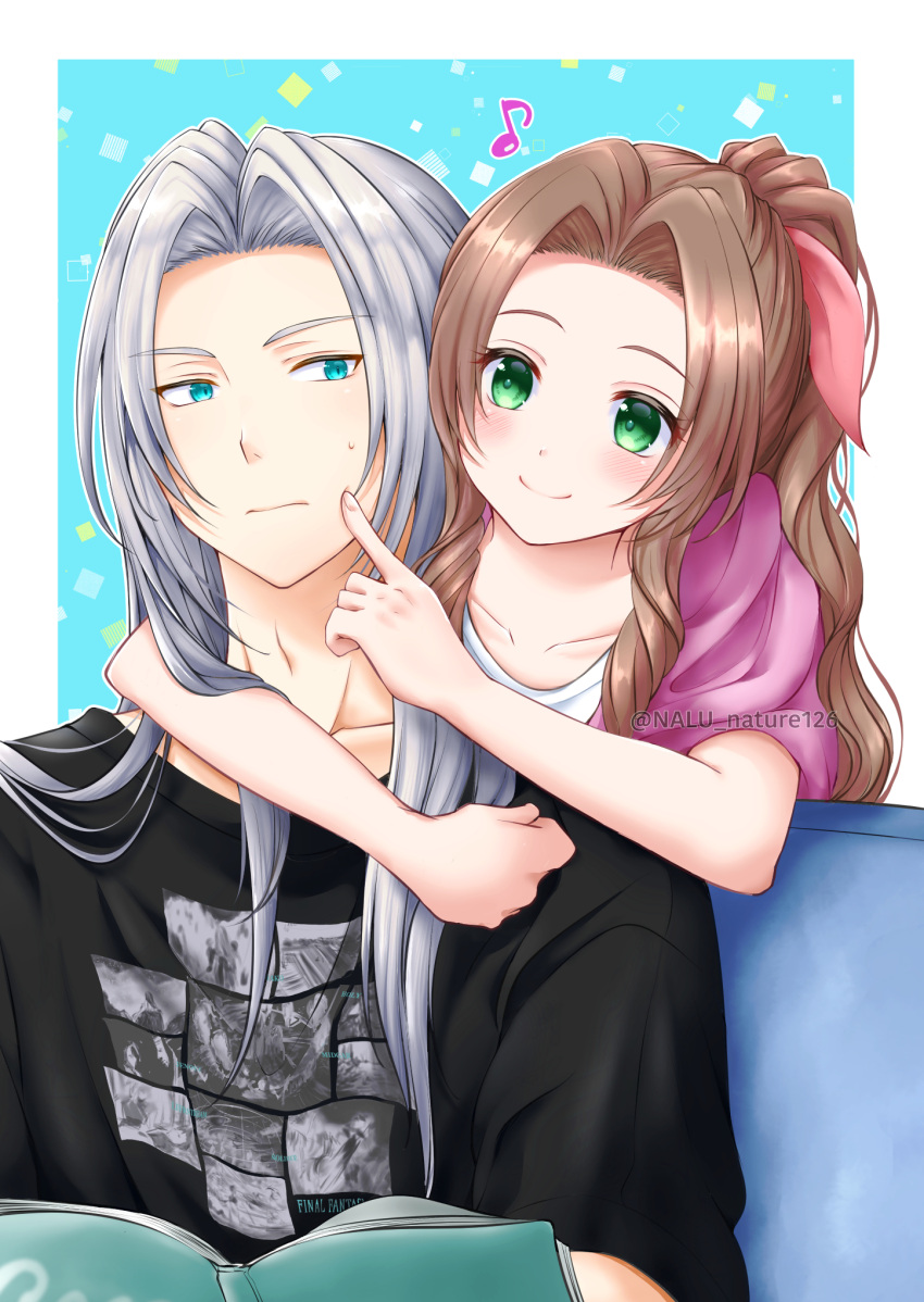 1boy 1girl aerith_gainsborough alternate_costume aqua_eyes arm_around_neck bangs black_shirt blue_background blush brown_hair cheek_poking collarbone final_fantasy final_fantasy_vii final_fantasy_vii_remake green_eyes grey_hair hair_ribbon highres hood hoodie long_hair looking_at_another musical_note nalu parted_bangs pink_hoodie poking ponytail print_shirt ribbon sephiroth shirt short_sleeves sidelocks sitting smile straight_hair sweatdrop t-shirt uniqlo upper_body wavy_hair white_shirt