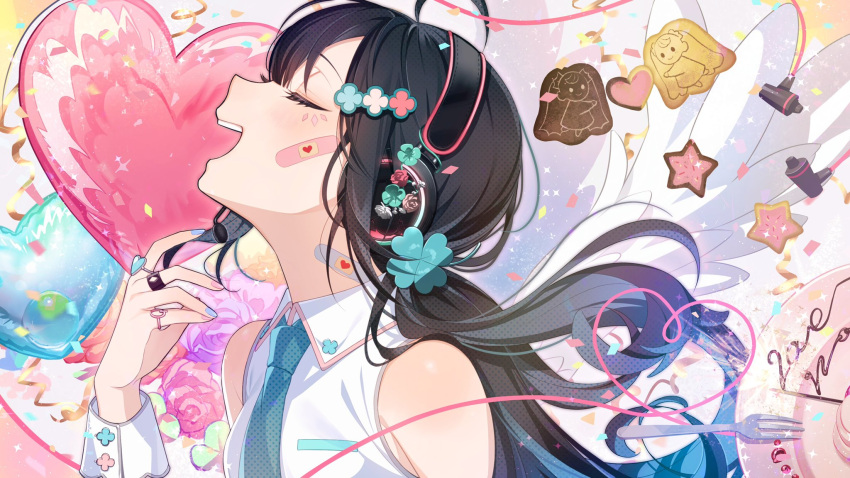 1girl ahoge ai_kotoba_ii_(vocaloid) ai_kotoba_iii_(vocaloid) ai_kotoba_iv_(vocaloid) android_girl_(vocaloid) angel_and_devil aqua_necktie balloon bandaid bandaid_on_cheek bandaid_on_face bandaid_on_neck black_hair blue_flower blue_nails brown_cookie character_cookie chocolate_syrup closed_eyes clover commentary cookie cosplay diamond_(shape) facial_mark feathered_wings flower food food_writing fork four-leaf_clover from_side gradient_hair hair_between_eyes hair_ornament hassan_(sink916) hatsune_miku hatsune_miku_(cosplay) heart heart-shaped_cookie heart_balloon heart_hair_ornament heart_of_string highres jewelry light_blush mousou_kanshou_daishou_renmei_(vocaloid) multicolored_hair multicolored_nails multiple_rings necktie number_tattoo ojama_mushi_ii_(vocaloid) open_mouth orange_flower orange_rose pink_bandaid pink_flower pink_rose plate pocky portrait power_symbol profile purple_flower purple_hair purple_nails purple_rose ring rose salamander_(vocaloid) sayu_(snowman_and_mayu) sleeveless solo songover sprinkles star-shaped_cookie star-shaped_food star_(symbol) tattoo vampire_(vocaloid) vocaloid white_wings wings