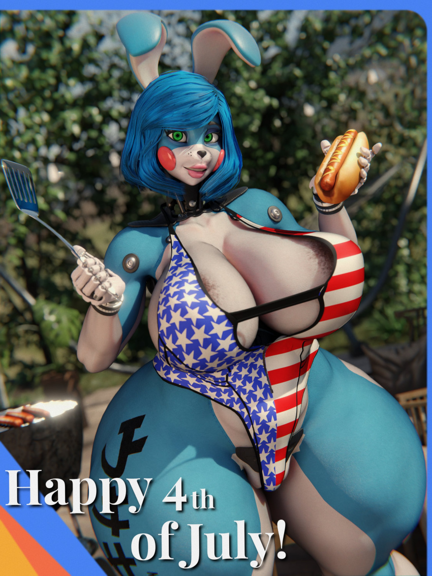 2022 3:4 3d_(artwork) 4th_of_july 5_fingers absurd_res animatronic anthro areola big_breasts black_nose blue_body blue_hair breasts digital_media_(artwork) female fingers five_nights_at_freddy's five_nights_at_freddy's_2 food green_eyes hair hi_res hot_dog lagomorph leporid lips looking_at_viewer machine mammal outside pink_lips rabbit robot scottgames solo spatula sunr4y thick_thighs tools toy_bonnie_(fnaf) united_states_of_america video_games white_body