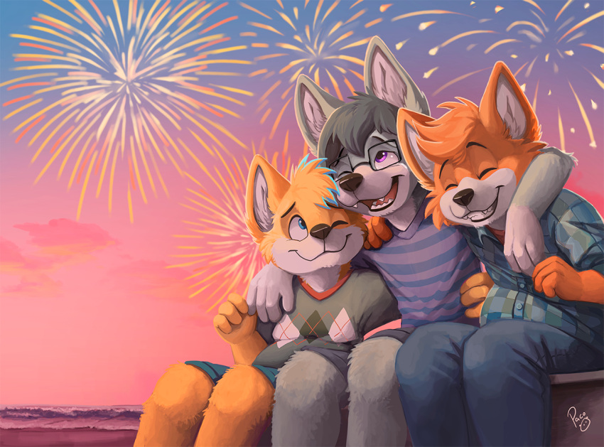 anthro canid canine canis clothing eyewear fireworks fox glasses group male mammal pandapaco trio wolf