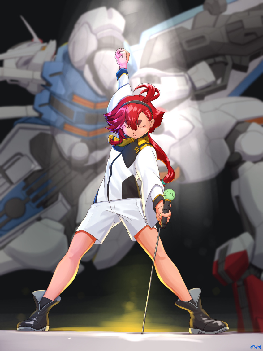 1girl absurdres ahoge arm_up bangs beam_rifle boots clenched_hand closed_eyes commentary dark_background energy_gun freddie_mercury full_body gundam gundam_aerial gundam_suisei_no_majo hairband haro highres holding holding_microphone_stand long_hair low_ponytail mecha microphone microphone_stand mobile_suit namesake nanami_nanao parody queen_(band) red_hair robot school_uniform shield shiny shiny_hair short_hair signature spotlight standing suletta_mercury we_will_rock_you weapon
