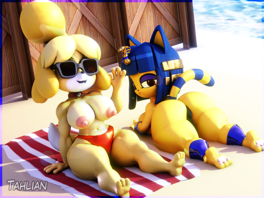 3d_(artwork) 4:3 animal_crossing ankha_(animal_crossing) anthro big_butt bikini bikini_bottom bikini_thong breasts butt canid canine canis clothed clothing digital_media_(artwork) domestic_cat domestic_dog duo eyewear felid feline felis hi_res isabelle_(animal_crossing) lying mammal nintendo on_front on_towel shih_tzu sunglasses swimwear tahlian topless towel toy_dog video_games