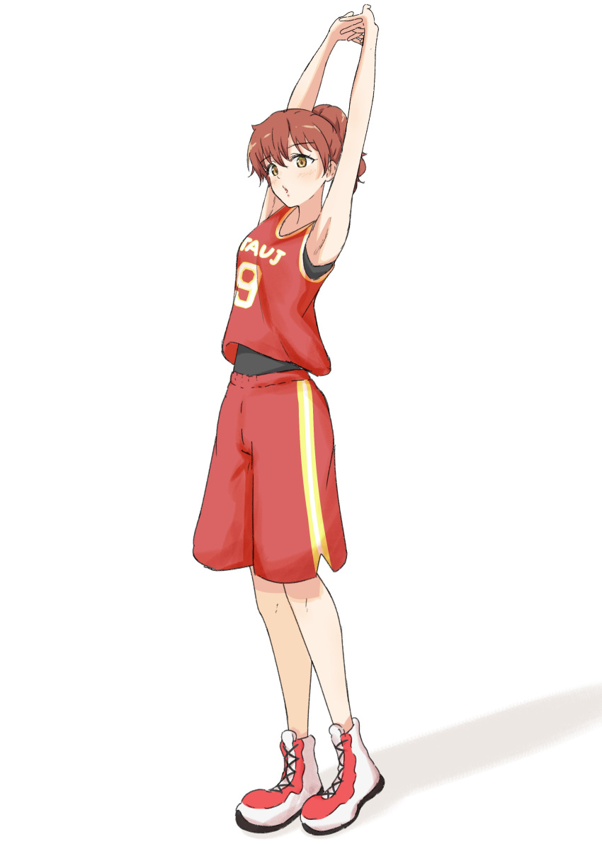 1girl absurdres armpits arms_up bangs basketball_uniform brown_eyes brown_hair hibike!_euphonium highres kai_ocumi looking_at_viewer oumae_kumiko parted_lips ponytail red_footwear red_shorts red_tank_top shoes short_hair shorts solo sportswear standing stretch tank_top