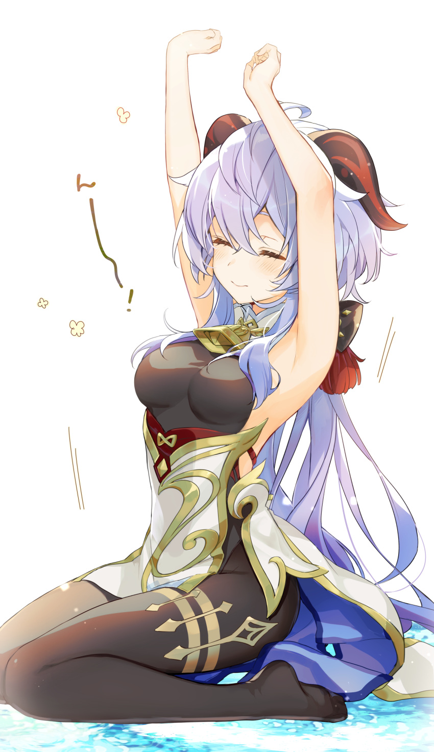 1girl =_= absurdres ahoge armpits arms_up bangs bell bodysuit breasts closed_eyes cowbell eyebrows_behind_hair ganyu_(genshin_impact) genshin_impact goat_horns highres horns light_blue_hair medium_breasts memeno neck_bell no_shoes pelvic_curtain sidelocks sitting smile solo stretch wariza wavy_hair