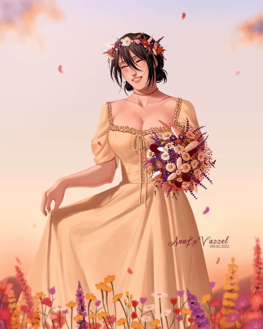 1girl absurdres annlu_vazzel artist_name black_hair bouquet breasts cleavage closed_eyes cloud collarbone dated dress head_wreath highres large_breasts mikasa_ackerman parted_lips petals shingeki_no_kyojin skirt_hold smile solo yellow_dress