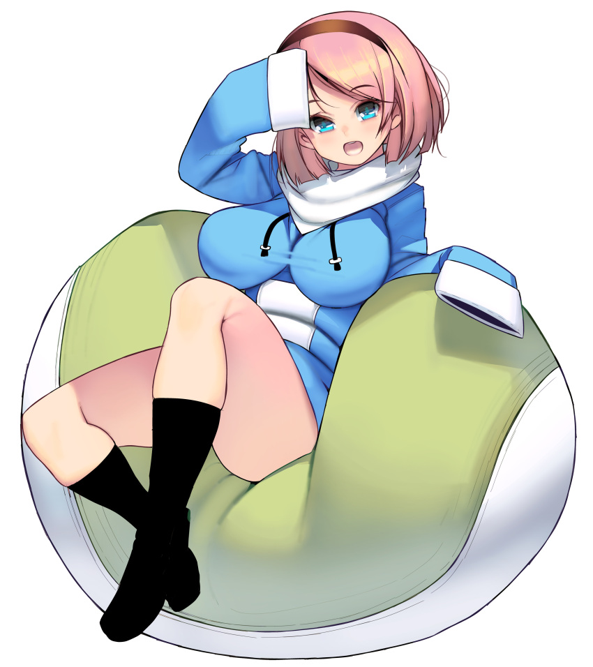 1girl absurdres bangs bean_bag_chair blonde_hair blue_eyes breasts hairband highres hood hoodie impossible_clothes large_breasts masao original short_hair sitting sleeves_past_fingers sleeves_past_wrists solo white_background