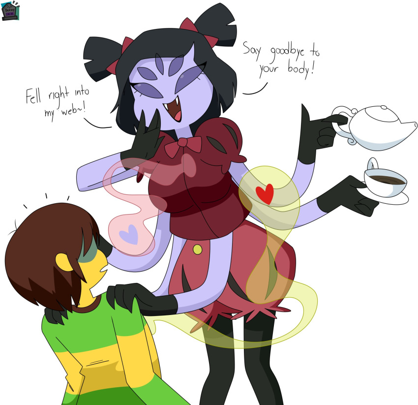 anthro arachnid arthropod body_swap clothed clothing deltarune dezzy_draws duo female hi_res human humanoid kris_(deltarune) male mammal muffet multi_arm multi_eye multi_limb soul spider undertale undertale_(series) video_games