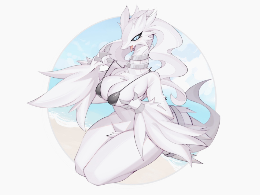 anthro big_breasts bikini bikini_top blue_eyes breasts clothing dragon female fur hi_res legendary_pok&eacute;mon nintendo pok&eacute;mon pok&eacute;mon_(species) reshiram sakana seaside simple_background solo swimwear tongue video_games white_background white_body white_fur