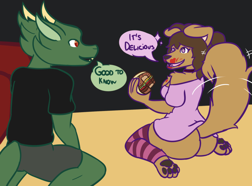 anthro big_butt bottomless burger butt canid canine canis clothed clothing comic domestic_dog dragon female food hi_res holding_food holding_object huge_butt july_shepherd_(nokamiwd) kian_donavah_(nokamiwd) legwear male mammal nokamiwd open_mouth pawpads raised_tail scalie simple_background smile stockings tail_motion tailwag thick_thighs tongue topwear topwear_only western_dragon wide_hips