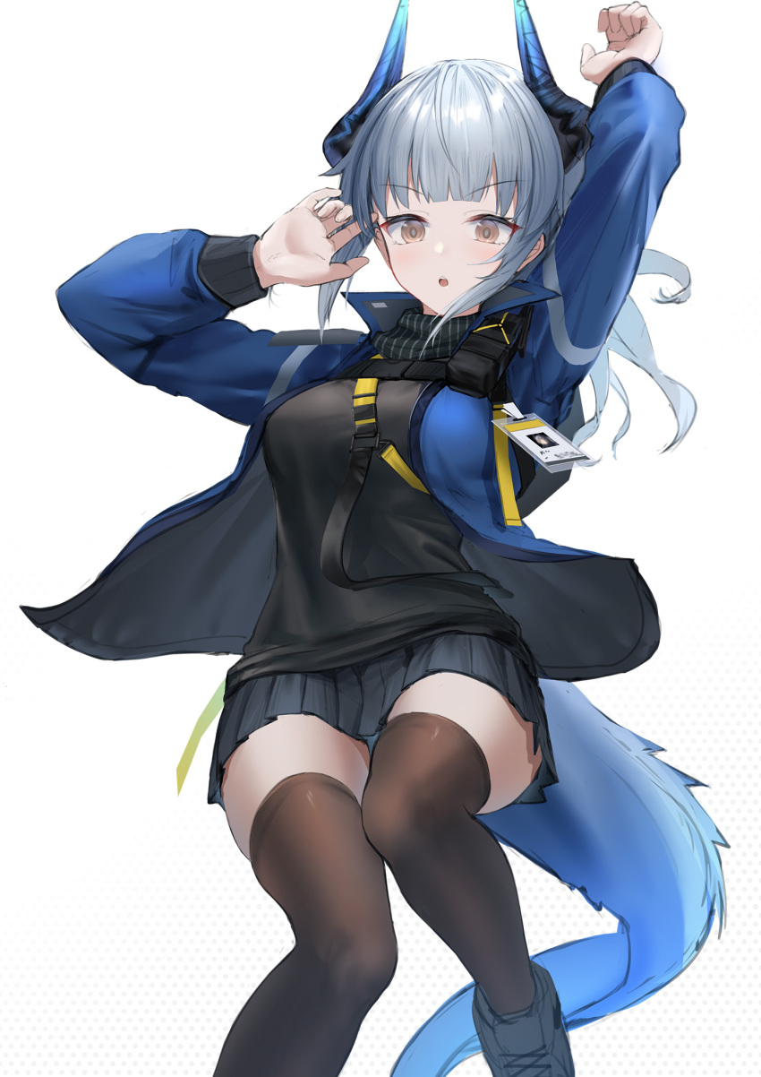 1girl :o arknights arms_up bangs black_footwear black_scarf black_skirt black_sweater blue_jacket blunt_bangs breasts brown_eyes brown_legwear dragon_girl dragon_horns dragon_tail feet_out_of_frame grey_hair highres horns id_card jacket large_breasts liskarm_(arknights) long_hair long_sleeves looking_at_viewer miniskirt open_clothes open_jacket open_mouth scarf simple_background skirt solo sthk sweater tail thighhighs v-shaped_eyebrows white_background zettai_ryouiki