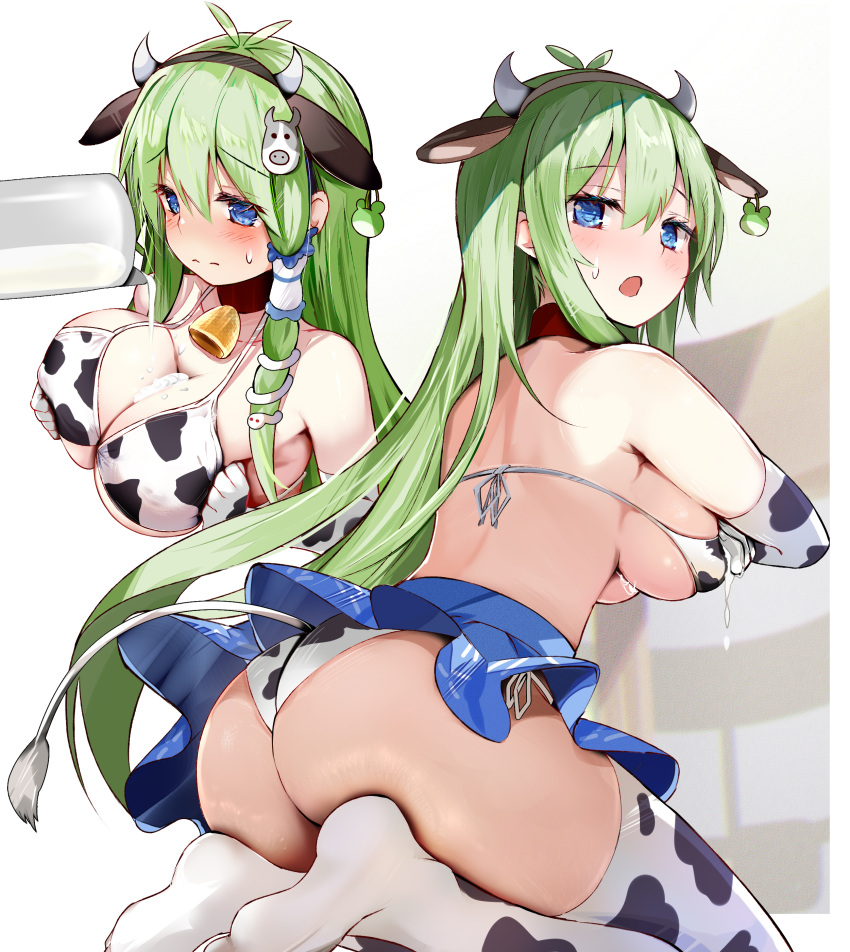 1girl :o absurdres animal_ears animal_print ass bangs bell bikini blue_eyes blue_skirt breasts bust_cup closed_mouth collar cow_ears cow_hair_ornament cow_horns cow_print cow_tail cowbell ear_tag efe elbow_gloves fake_animal_ears fake_horns gloves green_hair hair_ornament highres horns kneeling kochiya_sanae large_breasts looking_at_viewer looking_back microskirt milk neck_bell no_shoes open_mouth pouring print_bikini print_gloves print_legwear raised_eyebrows red_collar skirt snake_hair_ornament suggestive_fluid sweatdrop swimsuit tail thighhighs touhou