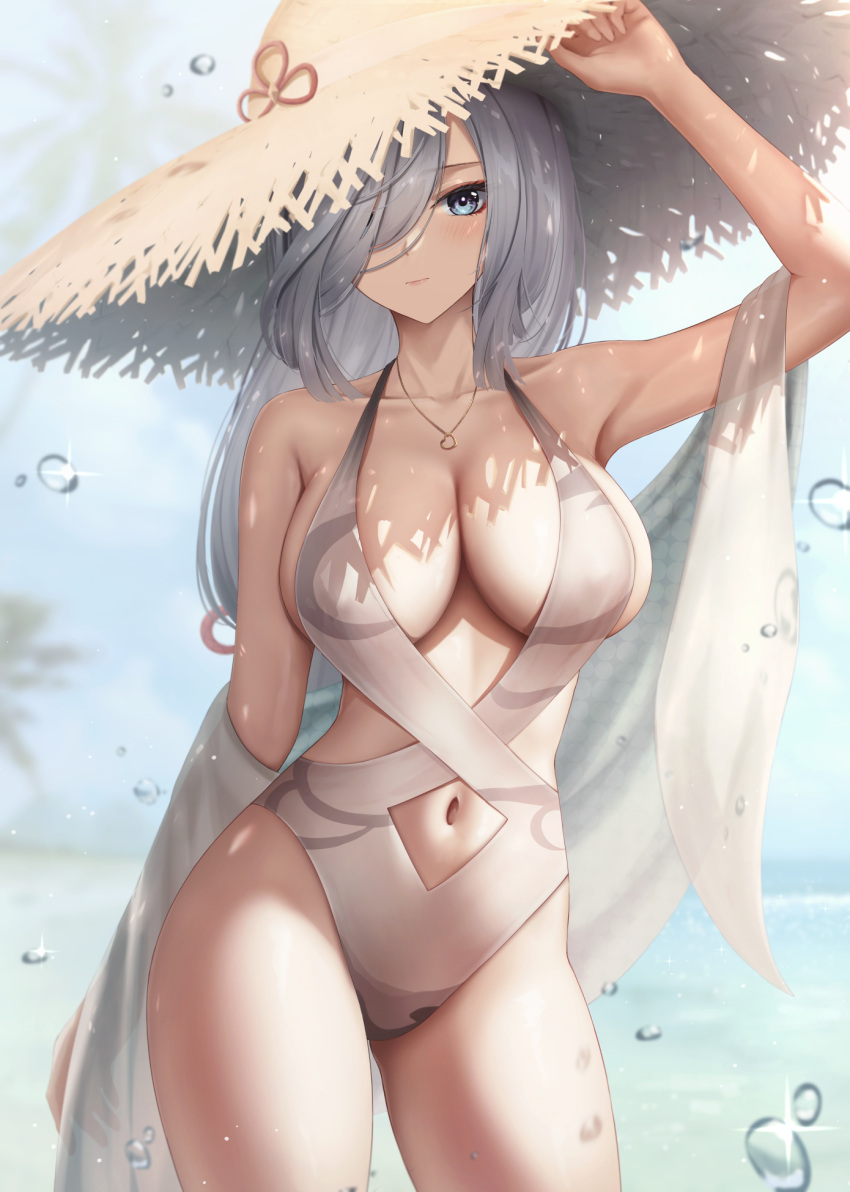 1girl arm_up armpits bare_shoulders blue_eyes breasts brown_headwear cleavage closed_mouth clothing_cutout collarbone cowboy_shot day genshin_impact hair_over_one_eye halterneck hat highleg highleg_swimsuit highres jewelry large_breasts long_hair looking_at_viewer marinesnow navel navel_cutout necklace non-web_source one-piece_swimsuit outdoors shenhe_(genshin_impact) solo standing straw_hat swimsuit thighs white_hair white_swimsuit