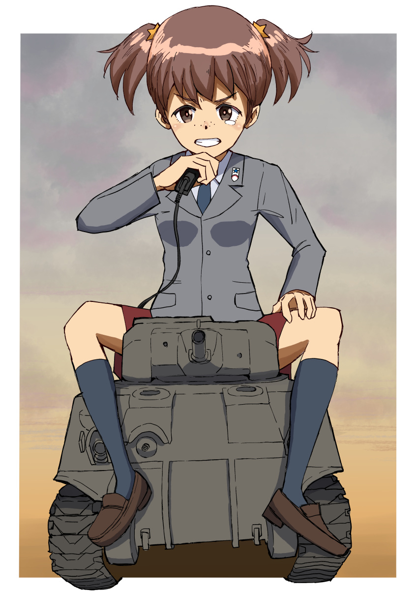 1girl absurdres alisa_(girls_und_panzer) breasts brown_footwear brown_hair commentary_request emblem freckles frown girls_und_panzer grey_jacket grey_legwear ground_vehicle haldeco highres jacket m4_sherman military military_vehicle miniskirt motor_vehicle radio red_skirt saunders_(emblem) saunders_school_uniform school_uniform short_twintails sitting skirt tank tears twintails walkie-talkie wire