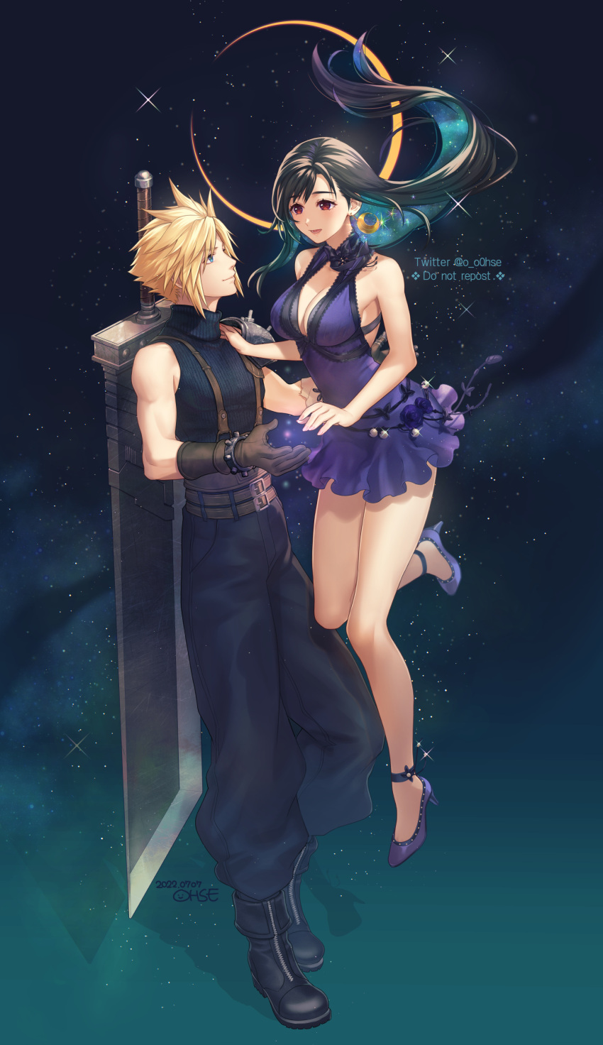 1boy 1girl absurdres bare_legs black_hair blonde_hair breasts buster_sword cleavage cloud_strife crescent crescent_earrings crescent_moon dress earrings final_fantasy final_fantasy_vii final_fantasy_vii_remake high_heels highres jewelry looking_at_another moon neck_ribbon official_alternate_costume ohse purple_dress purple_footwear purple_ribbon ribbon short_dress sleeveless sleeveless_turtleneck smile sparkle spiked_hair tifa_lockhart tifa_lockhart's_refined_dress turtleneck weapon weapon_on_back
