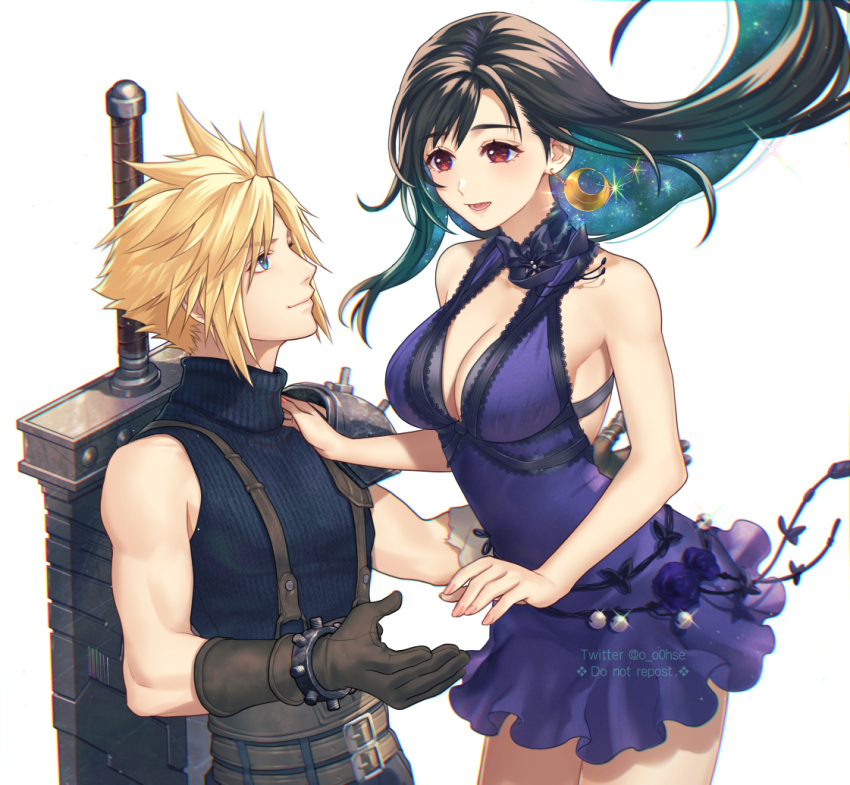 1boy 1girl armor bare_arms bare_shoulders black_hair blonde_hair blue_eyes breasts brown_gloves buster_sword cleavage cloud_strife couple crescent crescent_earrings crescent_moon dress earrings final_fantasy final_fantasy_vii final_fantasy_vii_remake gloves jewelry large_breasts long_hair looking_at_another moon neck_ribbon official_alternate_costume ohse purple_dress purple_ribbon red_eyes ribbon short_dress shoulder_armor sleeveless sleeveless_dress sleeveless_turtleneck smile sparkle spiked_hair tifa_lockhart tifa_lockhart's_refined_dress turtleneck weapon weapon_on_back white_background