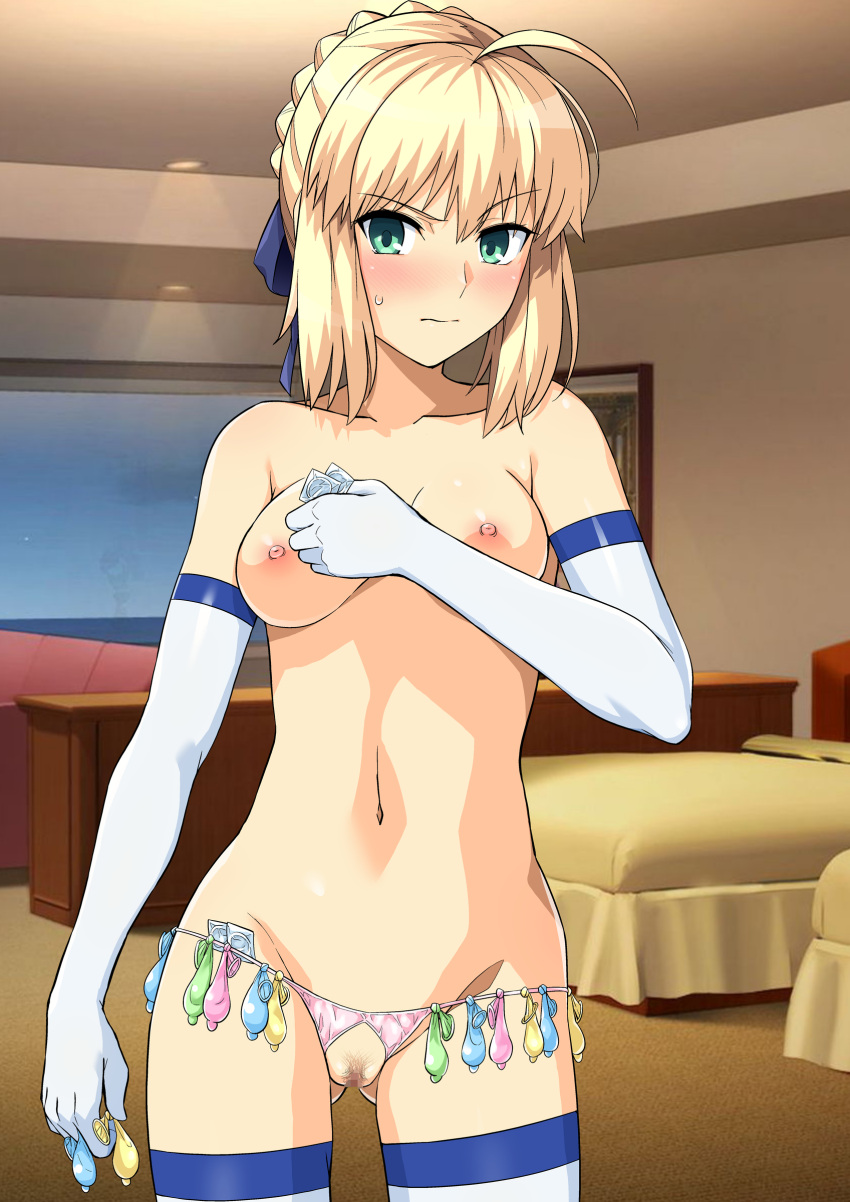1girl absurdres aqua_eyes artoria_pendragon_(fate) ass_visible_through_thighs bed blonde_hair blush breasts censored condom condom_belt condom_wrapper elbow_gloves fate/stay_night fate_(series) female_pubic_hair gloves haruhisky highres indoors mosaic_censoring navel nipples pubic_hair pussy solo sweatdrop thighhighs topless used_condom white_gloves white_legwear