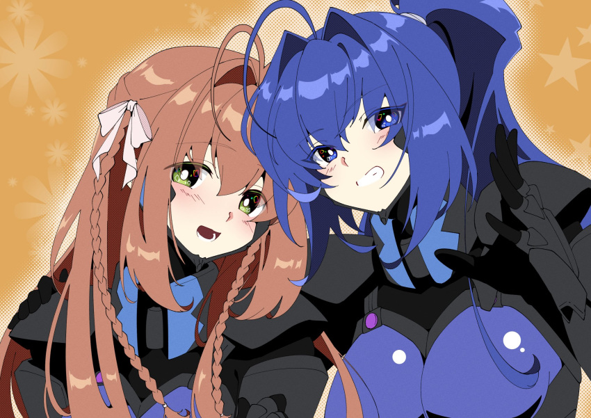 2girls bow breasts brown_hair fortified_suit hair_bow hair_intakes hayase_mitsuki head_tilt highres kamon_rider kimi_ga_nozomu_eien long_hair looking_at_viewer medium_breasts multiple_girls muvluv muvluv_alternative open_hand pilot_suit ponytail skin_tight smile suzumiya_haruka white_bow