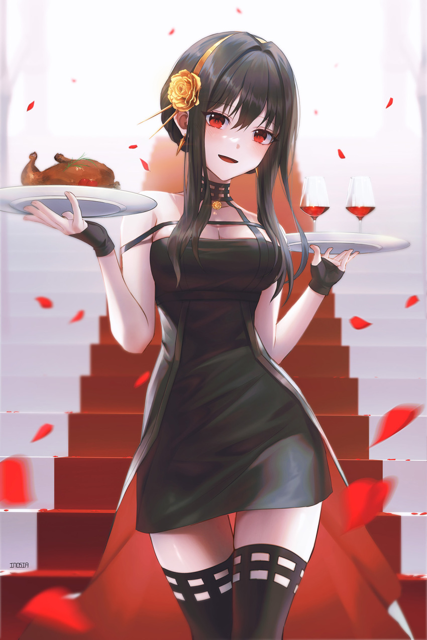 1girl :d bangs black_dress black_hair black_legwear dress flower hair_between_eyes hair_flower hair_intakes hair_ornament hairband highres holding holding_plate inosia looking_at_viewer open_mouth petals plate red_eyes shiny shiny_hair shiny_skin short_dress short_hair_with_long_locks sidelocks sleeveless sleeveless_dress smile solo spy_x_family stairs standing thigh_gap thighhighs waist_cape yellow_flower yellow_hairband yor_briar