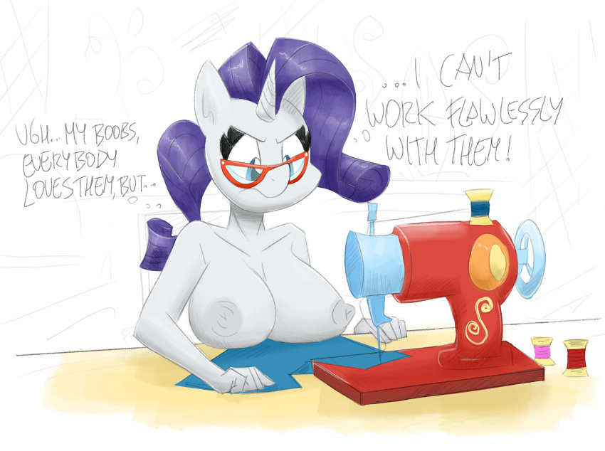 anthro anthrofied big_breasts blue_eyes breasts collarbone equid equine eyelashes eyewear female flutterthrash friendship_is_magic frustrated furniture glasses grey_nipples hair hasbro hi_res horn looking_down machine mammal my_little_pony nipples purple_hair rarity_(mlp) sewing_machine spool table unicorn white_body