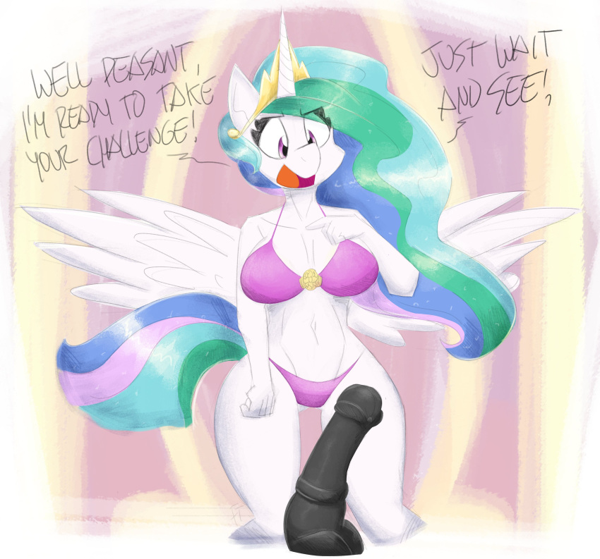 absurd_res animal_dildo animal_sex_toy anthro anthrofied bra clothing crown dildo equid equine equine_dildo female flutterthrash friendship_is_magic hair hasbro hi_res horn long_hair looking_down mammal multicolored_hair multicolored_tail my_little_pony navel panties pink_eyes princess_celestia_(mlp) sex_toy spread_wings underwear white_body wide_hips winged_unicorn wings